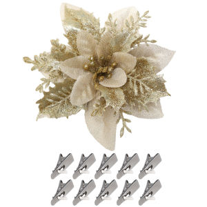 20Pcs Glitter Christmas Flowers with Clip 5.5 Inch Christmas Poinsettia Flowers Decorations Artificial Christmas Flowers for Christmas Tree Xmas New Year Wreath Wedding Holiday Decoration