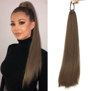 JON09 Synthetic Long Straight Ponytail Elastic Band 24Inch Black Brown Hair Extensions Fashion Rubber Band Hair Ring Ponytail Hairpieces for Women