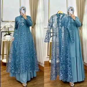 Gamis Wanita Kondangan Terbaru Laksmi Set Dress Ceruty Babydoll Full Puring Mix Brukat INNER DAN OUTER TERPISAH Outfit Muslimah Jumbo LD 100-120 CM Kekinian Viral