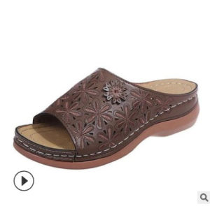 [Free Shipping] New Low-Heeled WomenS Sandals Retro Carved Hollow Out Large Size Slippers For Outdoor Wear
