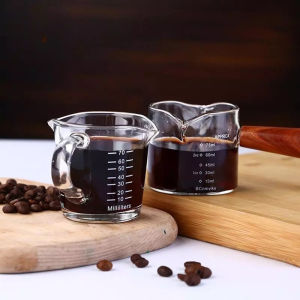 75ml Espresso Measuring Cup Double Spout Heat-Resistant Wood Handle Measuring Pitcher Glass Milk Cup