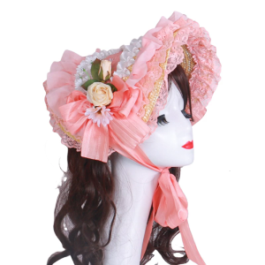 Victorian Lace Designs Straw Bonnet Hat For Women With Ruffled Trim and Rose Flower For Cocktail Party And Cosplay Event