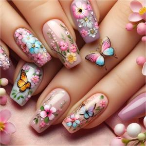 24 Pcs Pink Flowers Artificial Nail Butterfly Press On Nail Long Ballerinas Stick On Nail Glossy False Nail for Party