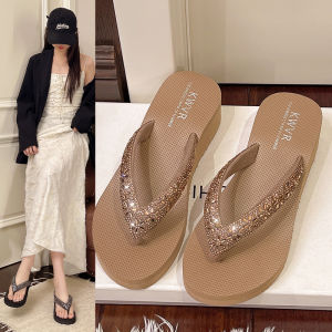 Free Shipping New Rhinestone-Embellished Platform Flip-Flops With A Slight Wedge Heel Featuring A Soft Sole For Comfort And Preventing Blisters And A Non-Slip Design Making Them Suitable For Both Casual Wear And Dates