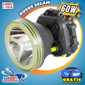 Senter Kusus Selam Anti Air 60 Watt Super Terang LED Import Tahan 16 Jam 3 Mode Cahaya Baterai Cas 4800mAh Senter Kepala LUBY L-1816L | Headlamp Diving | Senter Anti Air | Senter Kepala Anti Air
