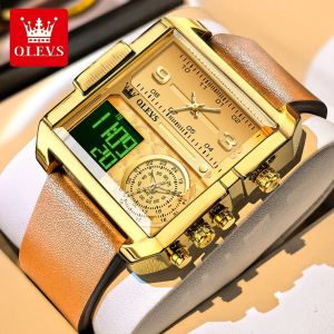 2026 OLEVS 1101 Mens Watch Square Multifunctional Dial Brown Leather Strap Waterproof Wristwatch Man