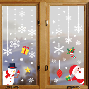 COMBO-Decal trang trí NOEL HÍT TĨNH ĐIỆN-Ông già Noel và người tuyết chào lễ Noel dưới rèm hoa tuyết trắng (3 tấm)-CDN150