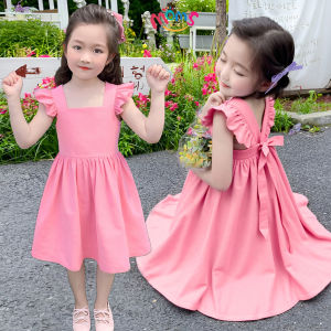 Cute Ruffle Dress for Kids Girls Plain Solid Color Casual Sleeveless Coquette Ribbon Dress for Girls 2-8 Years Old