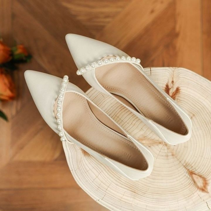 [CF] Korean Fashion Wedding for Bride Beige Pointed Toe Office Close Shoes  for Women with heels Lazada PH