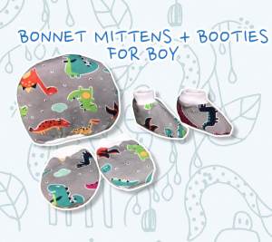 Bonnet mittens booties with pajama 4in1 set Assorted/Random 3in1 set design for Baby