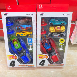 Đồ Chơi Hộp 4 Xe Oto Sắt Kèm Phụ Kiện Tăng Tốc Độ Và Biển Báo