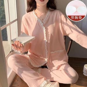 Comfortable Cloud Cotton Pajamas for Women with Chest Pads V-neck Long Sleeves Cardigans Pijama Sweet and Loose Sleepwear Cute Home Suit Set