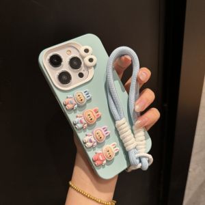 3D pasted canvas doll sky blue phone case for iPhone 11 12 13 14 15 16 Pro Max Plus Soft cover with hanging rope to prevent falling for iPhone13Promax case