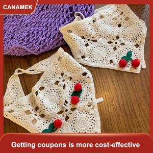 【CANAMEK 】 Knitted Triangle Headband Cute Little Cherry French Pastoral Style Headband Towel Crochet Flower Headscarf