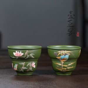 宜兴紫砂原矿绿泥手工鸟语花香杯主人杯批发一件代发小喝水品茗杯