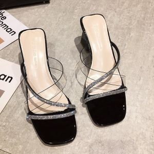 2024 Summer Korean Simple Fashion Womens Chunky Heel Sandals Transparent Sandals