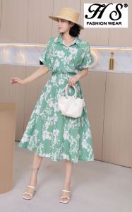 HS*40042* Women Boho Floral Print  collar  Short Sleeve Ladies casual dresses