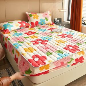 Garterized Mattress Protector Fitted Bed Sheet Cadar Plain Pure Cotton Quilted Cover Machine Washable Flower Design Foam Bed Single/Double/Queen/King size