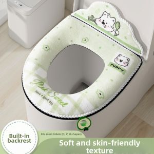 QKG24 With Backrest Puppy Pattern Toilet Seat Cover Cartoon Zippered Toilet Seat Protector Toilet Accessories Thickened Soft Toilet Seat Mat Bathroom