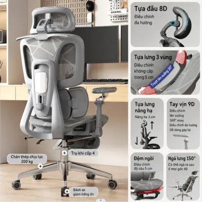 ADWS-904 9DGhế Công Thái Học Có Gác Chân Tay Vịn 9D Tựa Lưng 3 Vùng Hỗ Trợ Cột Sống Ghế Văn Phòng Cao Cấp Ghế Gaming