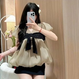Áo Babydoll Tay Bồng 2 Lớp Dáng Bí Cổ Tim Đính Nơ Tiểu Thư Dễ Thương MS149