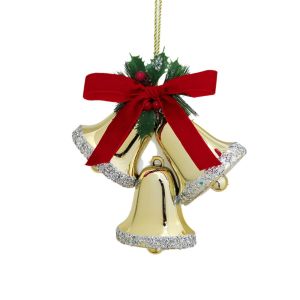 DEER Triple-Bell Christmas Bell Hanging Ornament DIY Plastic Xmas Bow Bell Hanging Decor Christmas Decoration Supplies Red Berry Christmas Bell Pendant Christmas Decoration