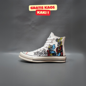SEPATU CNVRS 70S HIGH X KAWS COMPANION JILID 2 HITAM PUTIH MOTIF KARAKTER 36-43