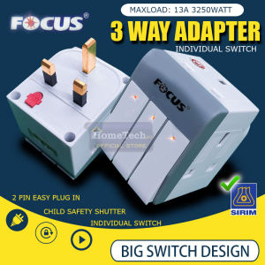 FOCUS 3 Way Adapter Extension Plug Extantion Socket with Surge Protector Sirim Individual Switch & Neon Safety Shutter