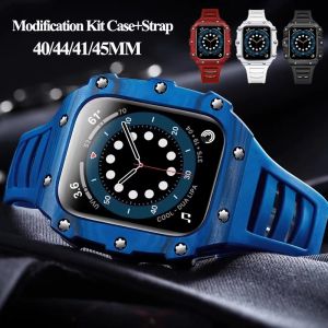 Luxury Modification Kit Case+Strap compatible with apple watch strap series 7 45mm 41mm Rubber Strap+Carbon Fiber Mod Kit Case compatible with apple watch 7 case series 6 5 SE 4 44mm 40mm straps protector case