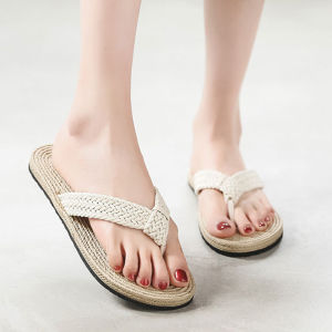 Fashion Womens Flip Flop Korean Anti Slip Grass Weaving Slippers Breathable straw slippers