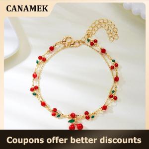 【 CANAMEK 】 Cute Sweet Red Cherry Chain Bracelet Necklace Anklets For Women Vintage Fruit Jewelry Wedding Party Gift