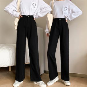 Black jeans womens high waist trousers solid color all-match casual straight pants plus size