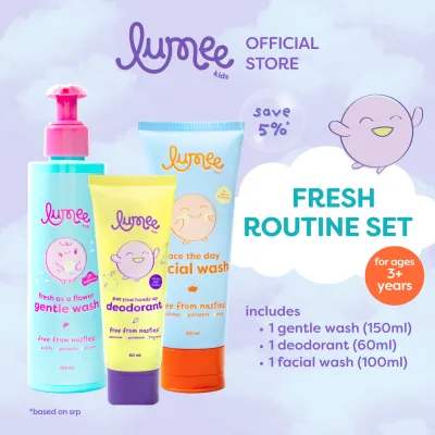 Lumee Kids Fresh Routine Set with Gentle Wash Cream Deodorant Facial Wash for Kids 3 to 12 years Old - Sulfate-Free Paraben-Free Fragrance-Free Cleanser 150ml 60ml 100ml