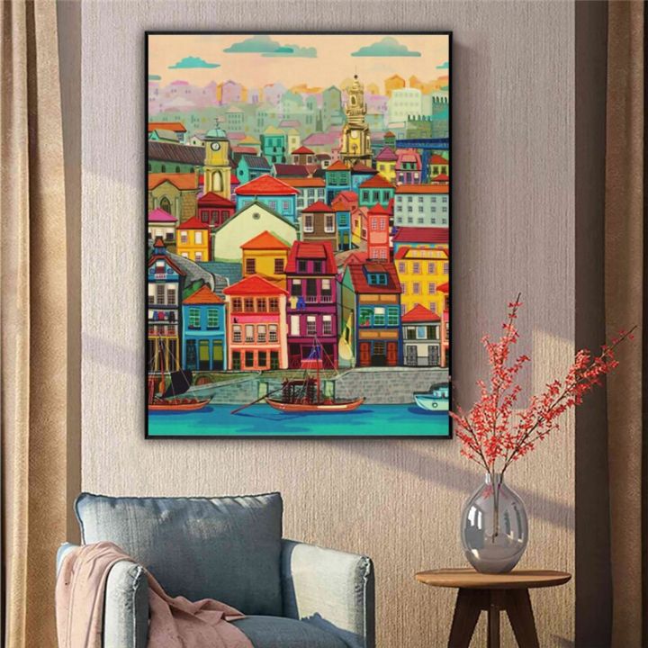 Nordic Art Canvas Print Painting Colorful House on The Waterside Retro