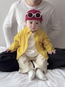 Korean childrens stylish little suit for spring and autumn handsome and fashionable striped shirt and casual straight-leg pants for boys