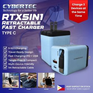 Retractable Fast Charger CYBERTEC RTX5IN1 Type C 5-in-1 PD USB 1m Retractable Cable - 45W Charge