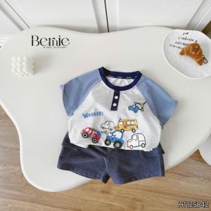 Set bộ tay ngắn raplang họa tiết Worker và quần short bé trai đi chơi đi biển 9 25kg BERNIE H1125B42