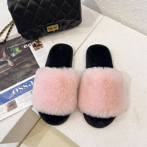 Free Shipping Plus-Size Fluffy Slippers For Women New Autumn/Winter Style Indoor Flat-Soled Fashionable With Large Rabbit Fur And Cotton Lining
