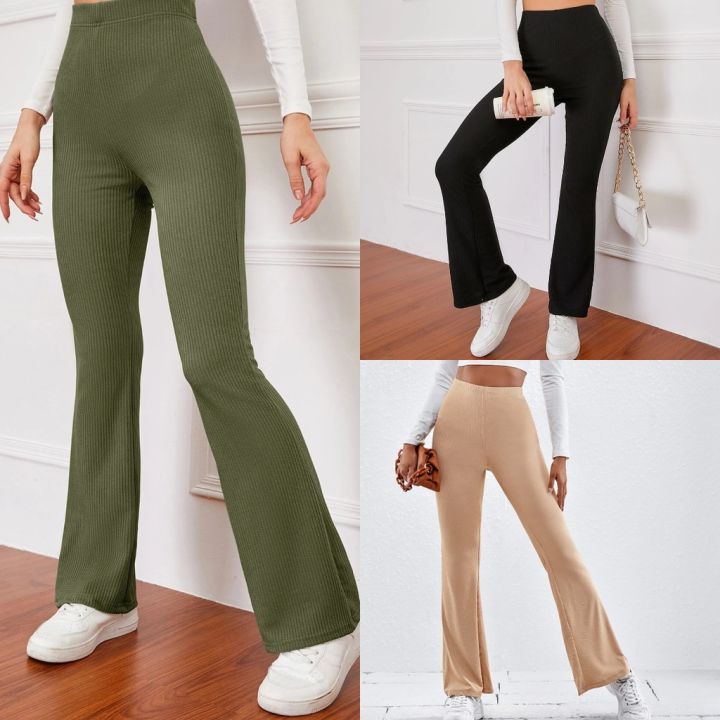 FLARE Pants Knitted Basic Premium Pants High Waist Flare Wide Leg free size