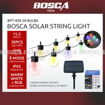 BOSCA Solar String Light G40 Warm white and RGB 30 bulbs 15.5 meters 50FT IP65 Outdoor Waterproof Christmas lights 8 lighting modes Atmosphere holiday New Year light BPT-858 30bulbs