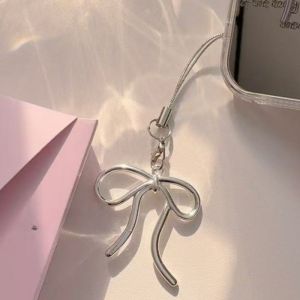 HBESTY Korean Y2K Cute Silvery Bowknot Beaded Keychain Phone Straps Chain Charm Lanyard For iPhone Universal Accessories Pendant Gift
