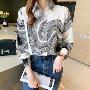 TianShun New Fashion Korean Creative Geometric Pattern Black and White Long Sleeve Shirt Quality Chiffon Top Womens Casual OL Work import Shirt