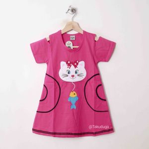 Baju Pakaian Anak Cewek Perempuan Dress Kaos Lengan Sabrina Usia  3 4 5 6 7 8 Tahun Bordir Kucing