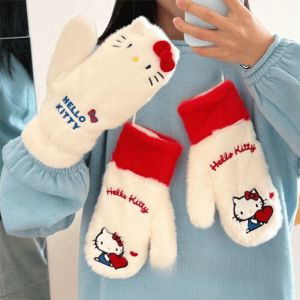 FUTUI ป้องกันลม ถุงมือฟูฟ่องสำหรับแมว แดง หนาขึ้น ถุงมือแขวนคอ หวาน แบบเกาหลี ถุงมือเต็มนิ้ว สาวๆ