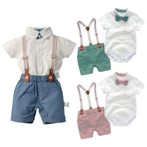 lontakids 0-3 Years Baby Boys Summer Clothes Set Infant Short Sleeve Shirt+Suspender Pants+Bow Tie Formal Suits Birthday Wedding Gentleman Outfits