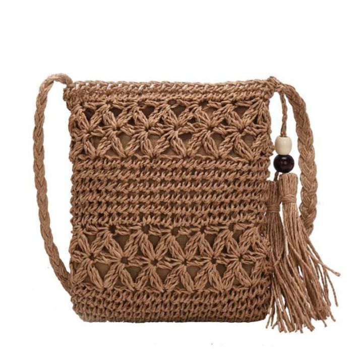 Women Beach Woven Straw Shoulder Messenger Bag with Tassel