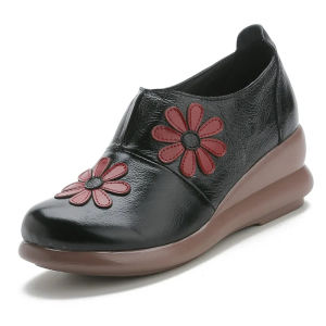 GKTINOO Women Embroider Flower Fashion Flat Increase Wedges Shoes Genuine Leather Ethnic Design Womens Shoes Ladies Loafers