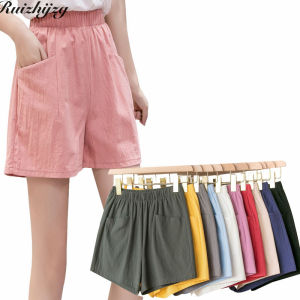 Ruizhijzg Cotton Line Womens Shorts With Pockets Summer Ladies Girls Casual Elastic High Waist Loose Wide Leg Short Pants Female A-line shorts