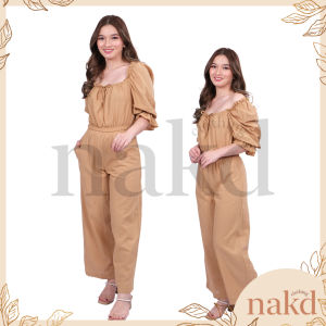 NAKD FASHION KARMEN 3/4 PUFF SLEEVES LINEN BASIC CASUAL TERNO COORDINATES SET FOR WOMEN S001