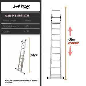 9 Feet 18 Steps Double Extension Telescopic Ladder Heavy Duty Foldable Aluminium Ladder 2Section 2.5m